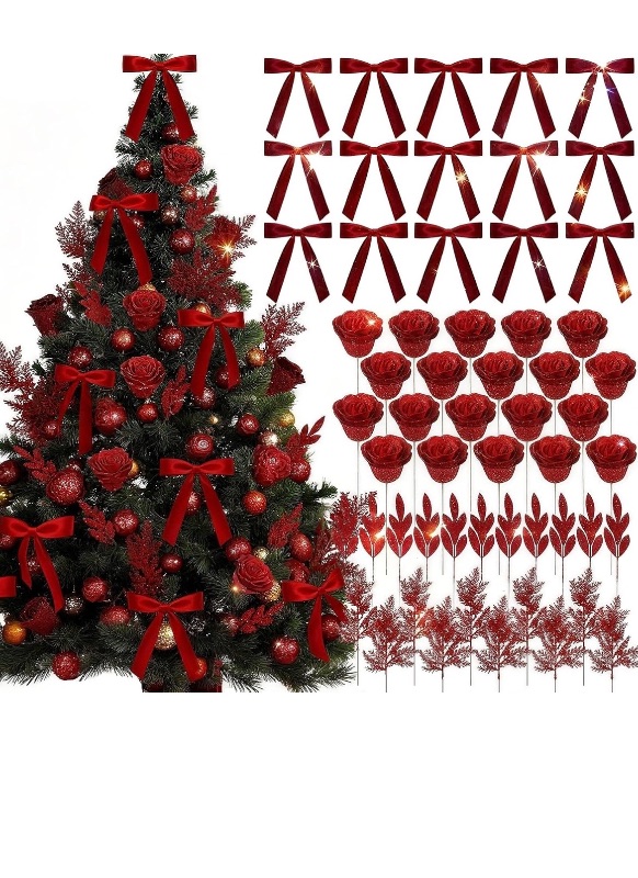 Photo 1 of (GOLD) 56 Pcs Christmas Tree Topper Ornaments Decorations Ribbon Bows Artificial Leaf Faux Rose for Tree Wreath Tree Topper Garland Centerpieces Holiday Fireplace Wedding Decoration (Gold)