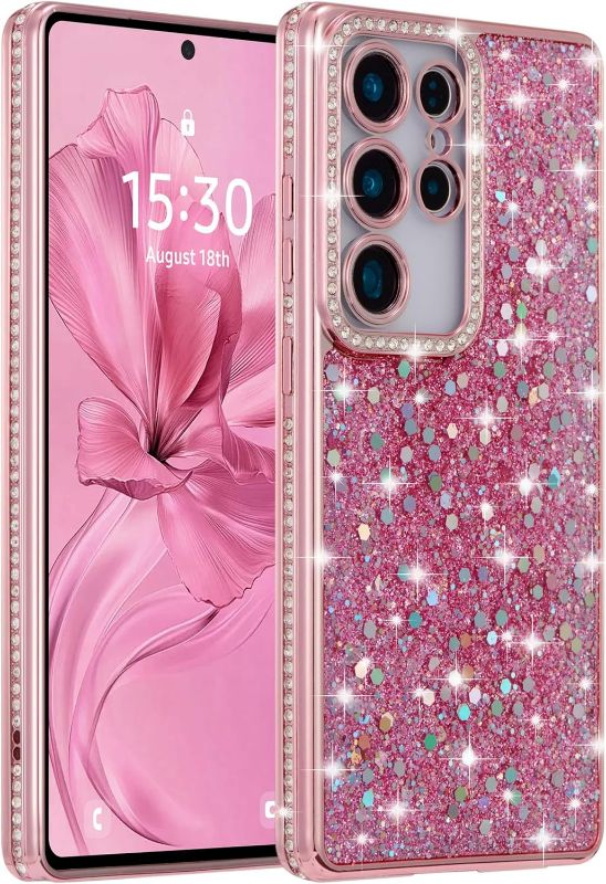 Photo 1 of FABSPARK Case for Samsung Galaxy S25 Ultra,Glitter Crystal Diamond Rhinestone Sequin Shiny Bling Sparkly Glossy Luxury Electroplated,Aesthetic Cute Full Protection for Samsung Galaxy S25 Ultra,pink
