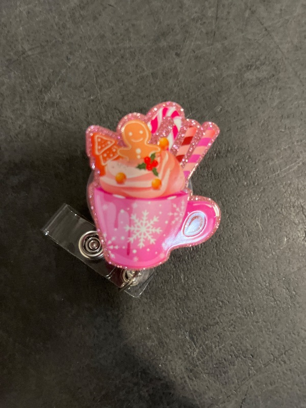 View 2 of Christmas Badge Reel Funny Cute Cup Pink Badge Reel Retractable Pink ID Badge Holder Retractable Clip 360 Rotating Badge Clip Non-Slip ID Holder for Nurse Doctor Teacher Student Worker