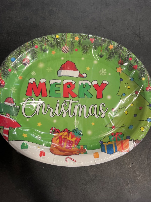 Photo 1 of 50Pcs Christmas Oval Paper Plates 10" x 12" Large Disposable Heavy Duty Merry Christmas Red Green Party Plates Xmas Balls Tree Snowflake Dessert Platter for Winter Friends Holiday Home Party Supplies
