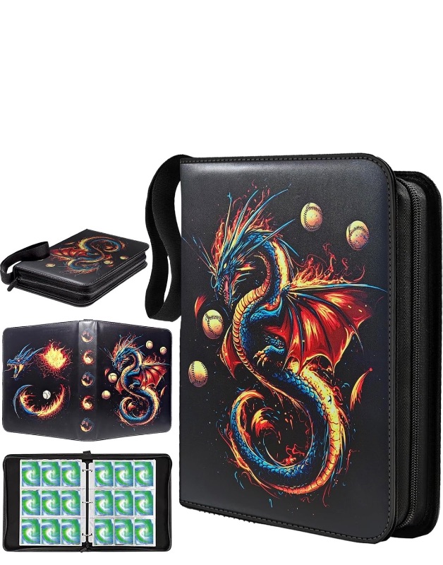 Photo 1 of Deluxe Fire Dragon Trading Card Binder - 9-Pocket Zipper Binder with 900 Pockets, Ideal for Boys, Girls, and Card Enthusiasts - Collectible Trading Card Albums, Cases & Sleeves
