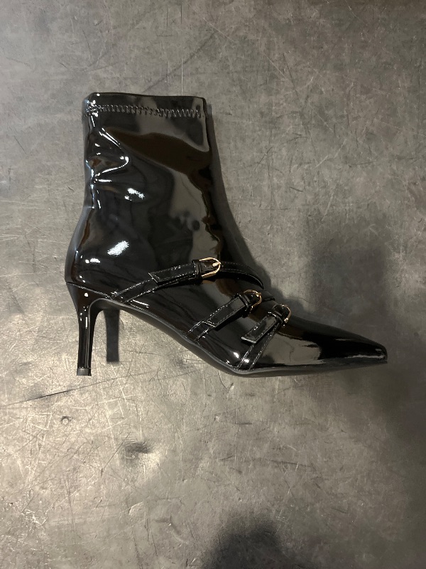 View 2 of Size 10 Women's Mid-High Stiletto 3ins Heel Pointed Toe Shoes Gold Buckle Strappy Side Zipper Footwears Soft Comfortable Patent Leather Classic Knee High Tall Boots and Fashion Ankle Short Booties