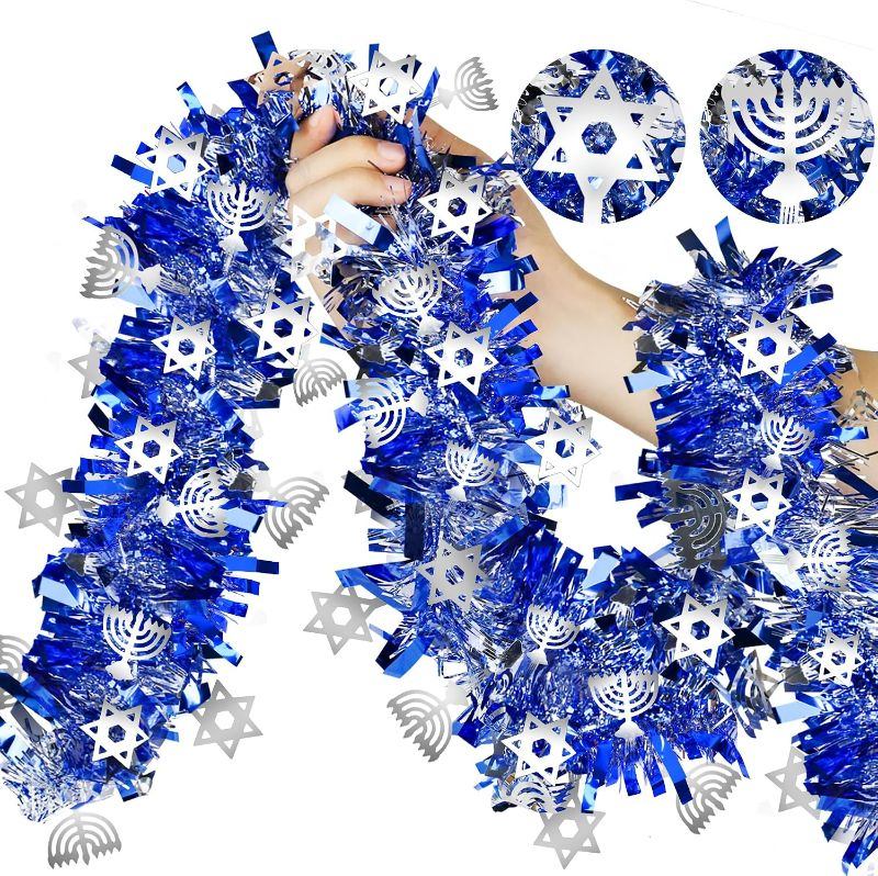 Photo 1 of Prashent 66 Ft Hanukkah Tinsel Garland Blue Metallic Garland with Silver Stars Hanukkah Chanukah Decorations for Outdoor Indoor Holiday Party Christmas Supplies