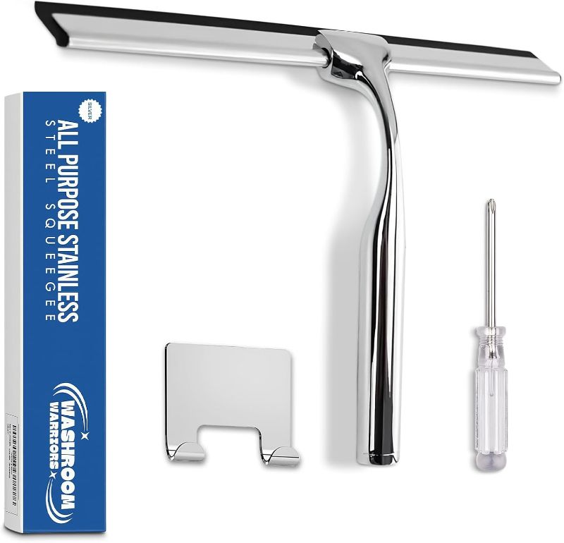 Photo 1 of All-Purpose Shower Squeegee for Shower Doors, Bathroom, Windows, Mirrors, Tiles, and Car Glass – 11 Inches Stainless Steel with Hook (Silver)