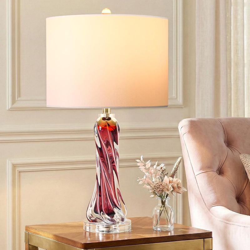Photo 1 of QiMH 26.5" Pink Table Lamp, Modern Twisted Glass Bedside Lamp with 3 Color Temperatures & Memory Function, White Linen Shade Nightstand Lamp for Bedroom Living Room Home