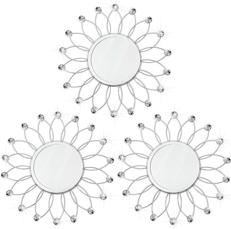 Photo 1 of 3 Pack Metal Mirrors for Wall Sunburst Wall Mirrors Home Décor Decorative Hanging Wall Art for Living Room Bedroom Entryway (Silver Crystal, Flowers)