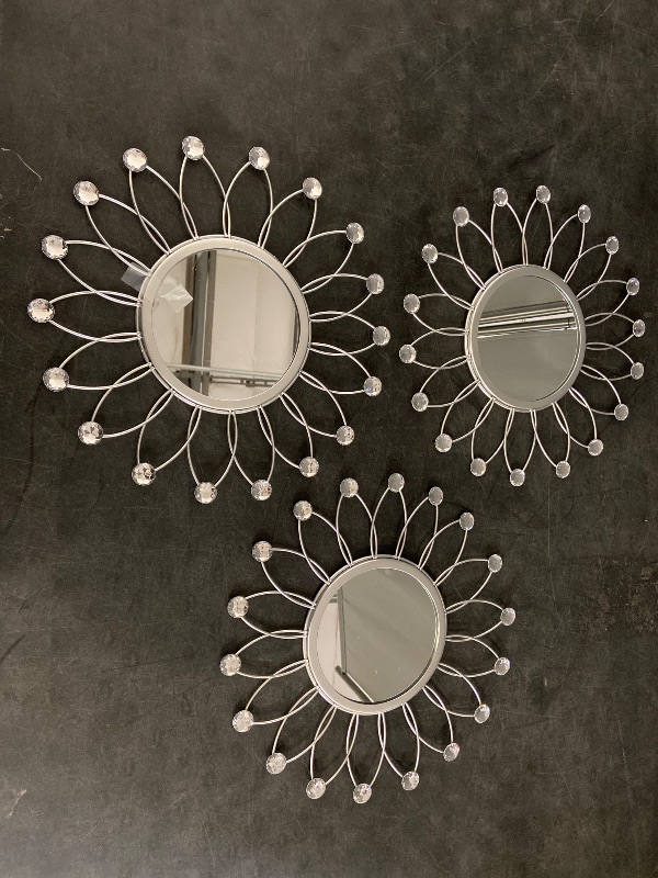 View 2 of 3 Pack Metal Mirrors for Wall Sunburst Wall Mirrors Home Décor Decorative Hanging Wall Art for Living Room Bedroom Entryway (Silver Crystal, Flowers)