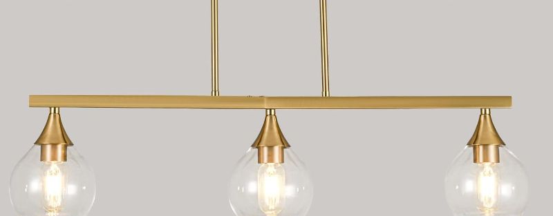 Photo 1 of  3-Light Gold Kitchen Island Linear Hanging Pendant Chandeliers, Brushed Gold Dining Room Light Fixture Over Table with Clear Round Glass Shades