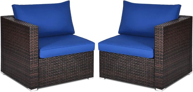 Photo 1 of  2-Piece Patio Rattan Loveseat - Sectional Corner Sofa Set w/Removable Cushions & Pillows, All Weather Furniture Set for Porch, Poolside, Balcony, Yard, Outdoor Wicker loveseat (Navy Blue) missing pieces