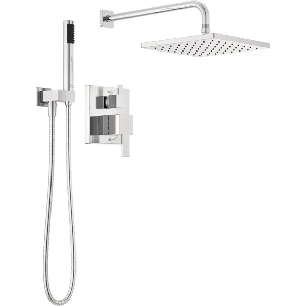 Photo 1 of Delta Modern 14 Series Square Rain Shower System Faucet Set, Rainfall Chrome Shower Head and Handle Set, Valve Trim Kit, 10 Inch, Chrome (Valve Not Included) missing some hardware