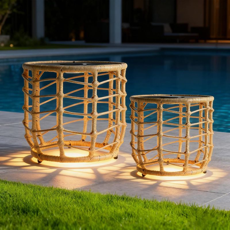 Photo 1 of Boho Solar Outdoor Side Table with Built-in Lights Set of 2, All-Weather Wicker Nesting Tables, Round Waterproof Accent End Table Design for Patio, Porch, Garden & Balcony, Natural Brown