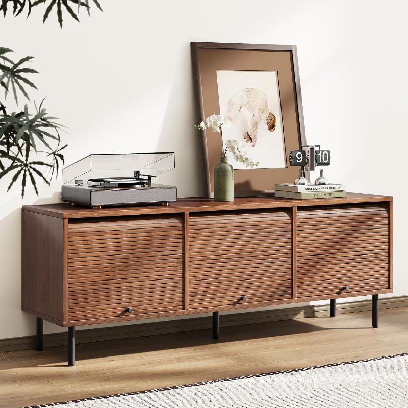 Photo 1 of 59 Inch TV Stand with Power Outlet for TVs up to 65 Inch, Entertainment Center with Storage, Mid-Century Modern TV Console, Adjustable Shelf & Sliding Doors, TV Stand for Living Room, Bedroom, Walnut