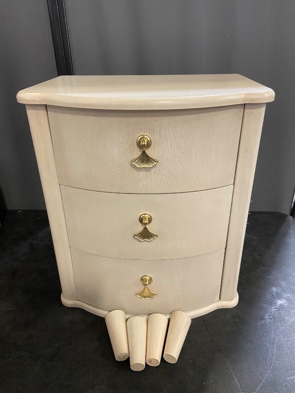 Photo 1 of COZAYH Elegant 3-Drawer Nightstand with Gold Leaf Handles, Vintage Curved Front Design, Distressed Finish, Ivory White