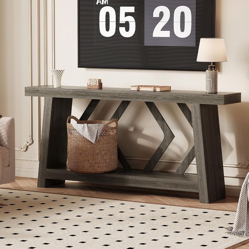 Photo 1 of Garvee 70.9 Inch All-Wood Console Table, Ultra-Stable Trapezoid Leg Sofa Table Behind Couch, 2-Tier Extra Long Entryway Table for Hallway, Living Room, Narrow Foyer, Gray
