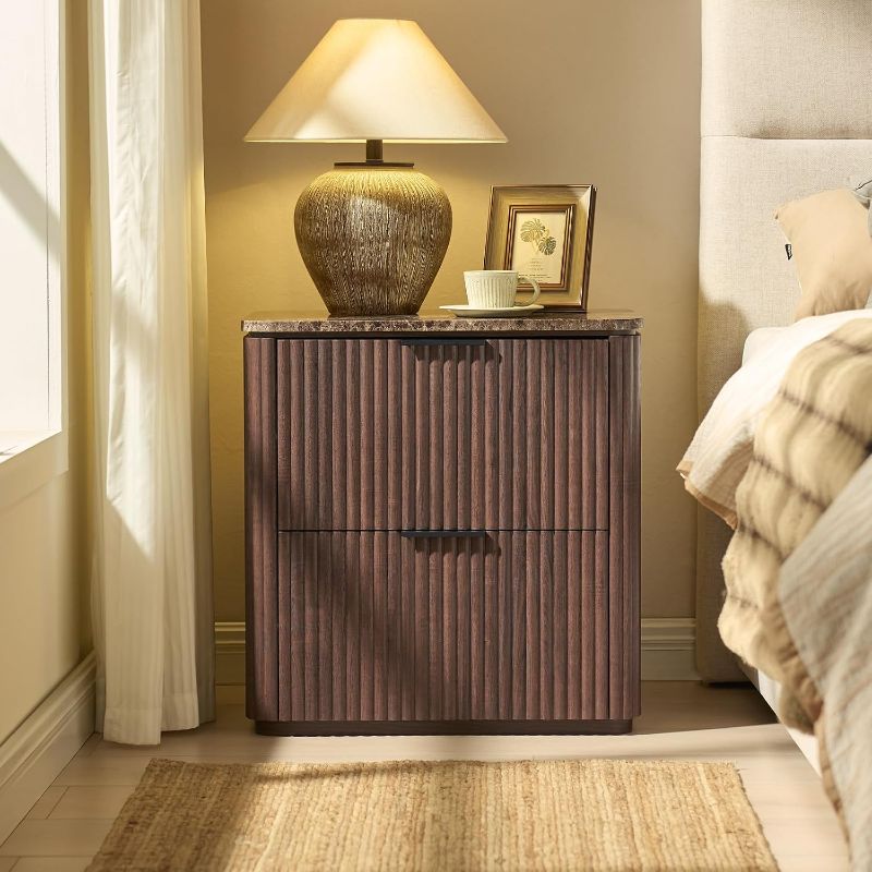 Photo 1 of 3 Sided Fluted Nightstand with Faux Marble Top, Mid Century Modern | End Tables Bedroom, Bed Side Table, Night Table, FSC-Certified, 2 Drawers, Rounded Corner, Metal Handle, Dark Oak
