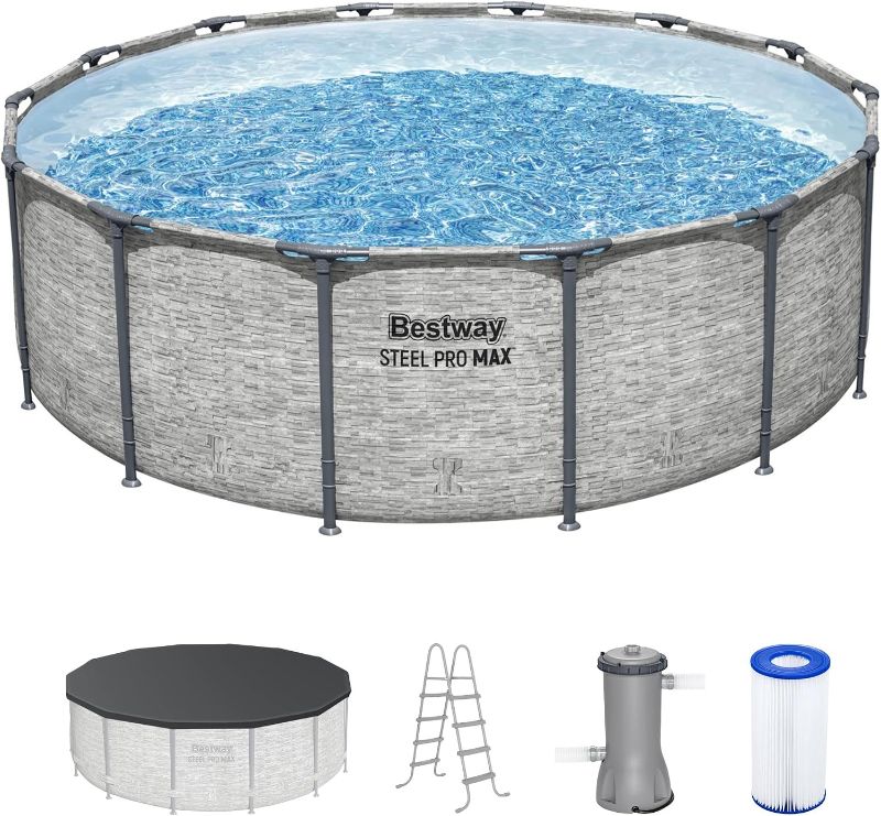 Photo 1 of Bestway Steel Pro MAX 14' x 48" Above Ground Pool, Round Metal Frame Outdoor Swimming Pool Set with Filter Pump, Ladder, and Cover, Gray Stone Print