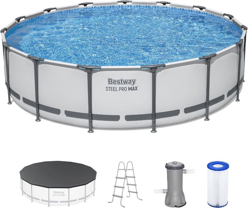 Photo 1 of Bestway Steel Pro MAX 15' x 42" Above Ground Pool, Round Metal Frame Outdoor Swimming Pool Set with Filter Pump, Ladder, and Cover, Gray