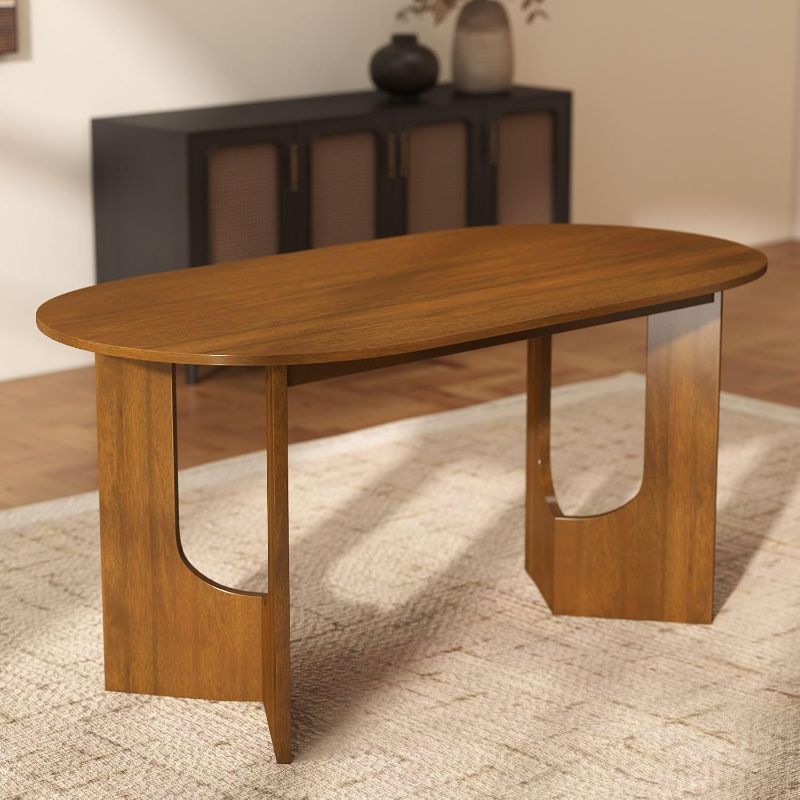 Photo 1 of 63" L Walnut Wood Oval Dining Table, Solid Wood Kitchen Table with Wooden Legs for Dining Room, table only 