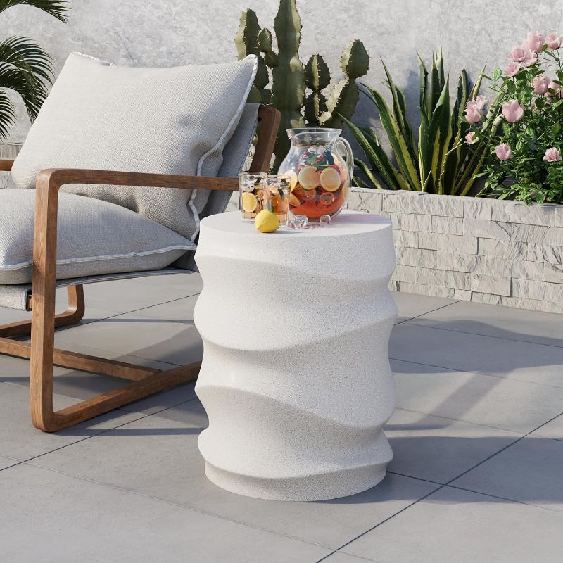 Photo 1 of COSIEST Outdoor Side Table, 18''H Concrete Side Table for Patio, Streamlined Lightweight Accent Table, Decorative Patio Garden Stools, Plant Stand Drum Table, Round, Spotted White