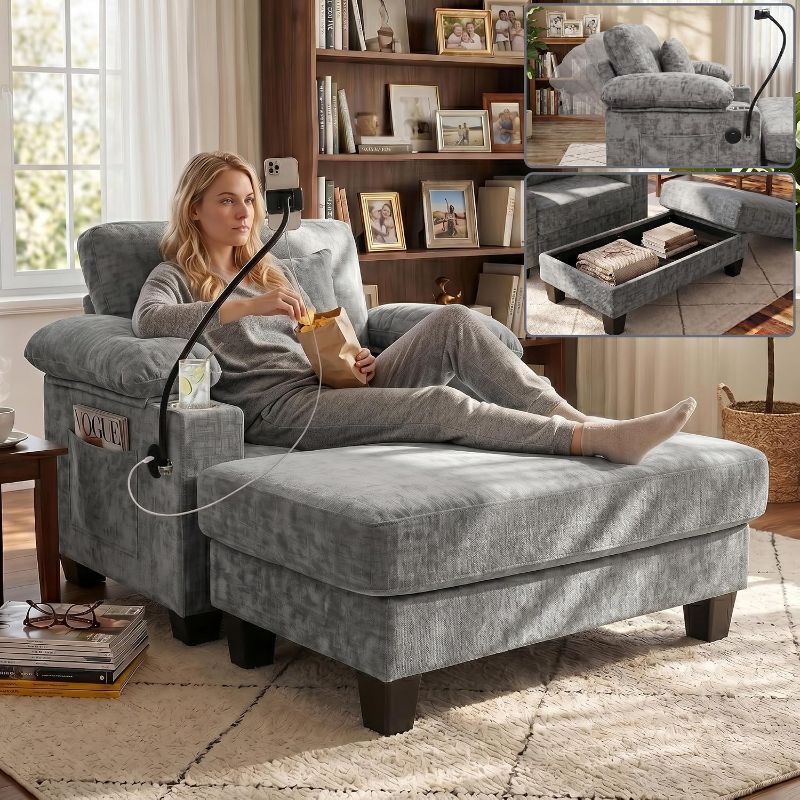 Photo 1 of Chaise Lounge Chair with Adjustable Backrest, Ottoman & Phone Stand