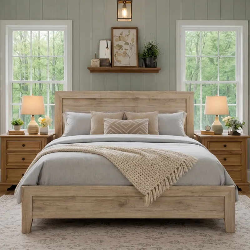 Photo 1 of Queen Solid Wood Bed Frame with Headboard and Footboard, Needs Box Spring, Rustic Minimalist Design, Natural