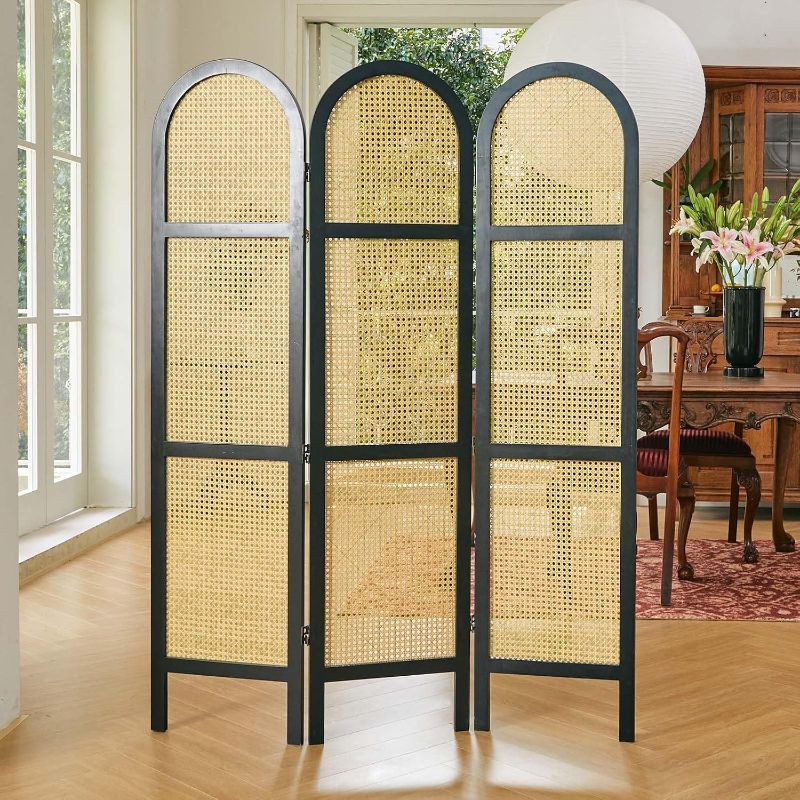 Photo 1 of Room Divider and Folding Privacy Screens, Pine Wood 5.6 Ft Double Hinged Rattan Partition Freestanding Wall Room Divider for Home - 3 Panels