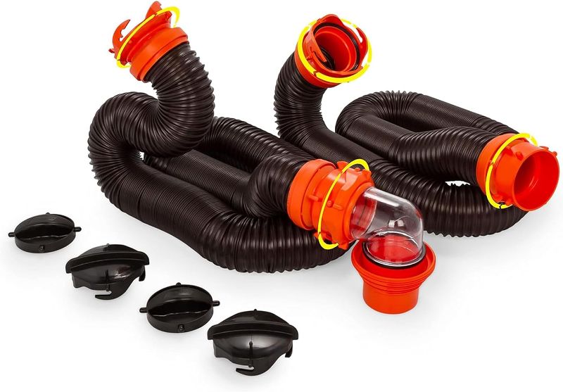 Photo 1 of Camco RhinoFLEX Camper/RV Sewer Hose Kit with 4-in-1 Adapter & Clear Elbow, Includes Caps for Convenient Storage, Fits 3? Slip & NPT Threaded Sewer Connections