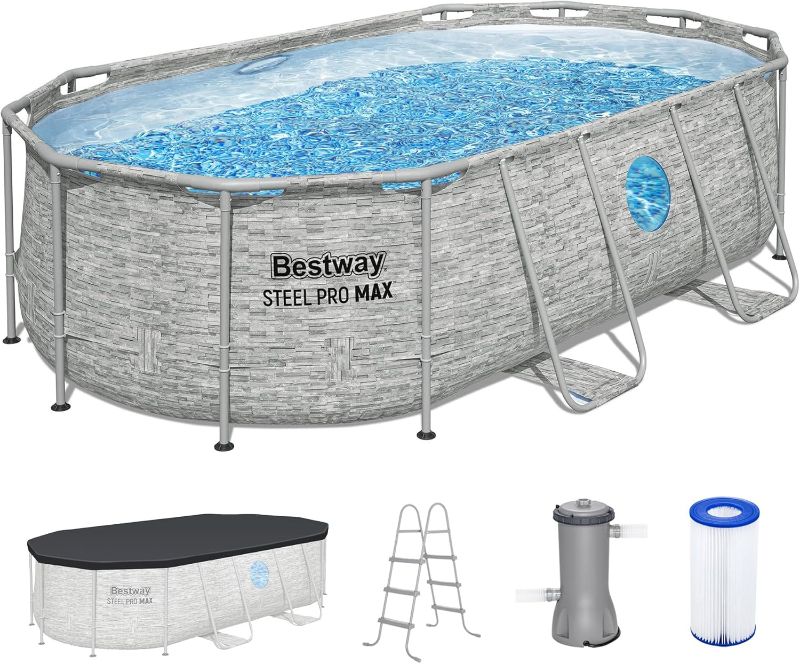 Photo 1 of Bestway Steel Pro MAX Splashview 14’ x 8'2" x 39.5” Above Ground Pool, Oval Metal Frame Outdoor Swimming Pool Set with Filter Pump, Ladder, and Cover