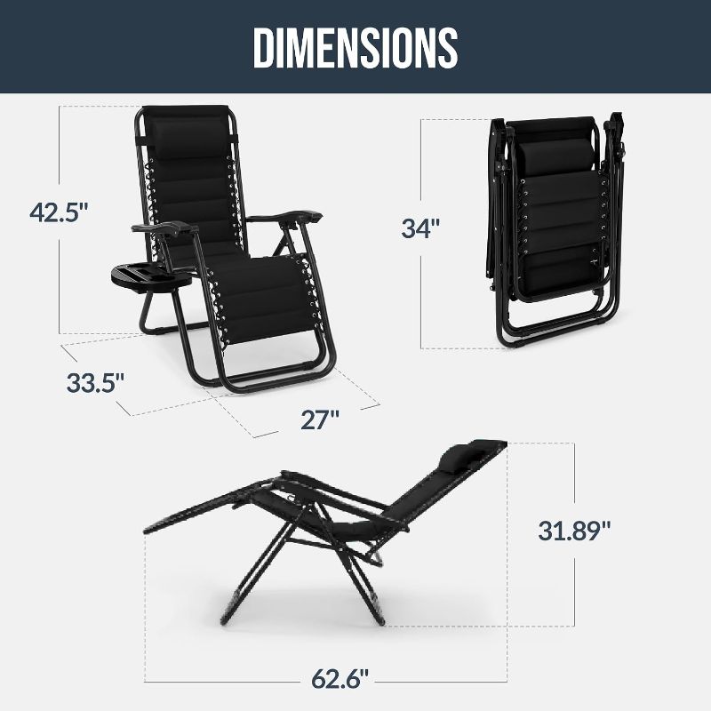 Photo 1 of Best Choice Products Padded Zero Gravity Chair with Side Tray, Adjustable Headrest, Folding Outdoor Recliner, Weather-Resistant Oxford Fabric, Supports 350 lbs - Black