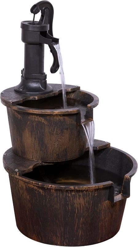 Photo 1 of Alpine Corporation 27" Tall Rustic Outdoor 2-Tier Barrel Pump Water Fountain with Soothing Cascading Water Flow for Patio, Yard, Porch, or Landscape, Bronze
