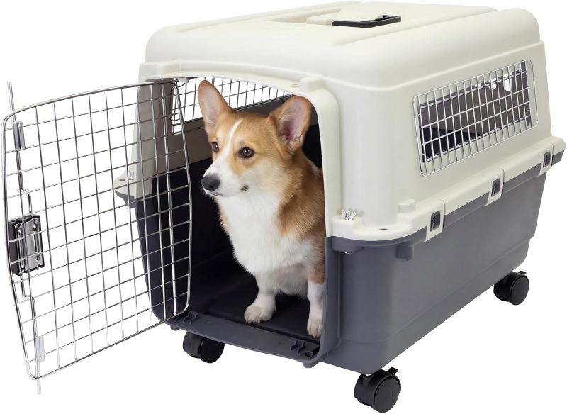 Photo 1 of SportPet Airline Compliant MEDIUM 24.25" Travel Dog Kennel-Durable Plastic Airline Pet Carrier w/Removable Wheels & Food Bowls, Collapsible Indoor/Outdoor Dog Kennel, Dogs up to 23"L & 15"H-Cream/Gray