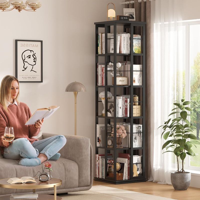 Photo 1 of Aheaplus Rotating Bookshelf, Corner Bookcase, 360 Display Wood Spinning Bookshelves, Floor Standing Bookcases Narrow Shelf, 5 Tiers, Black
