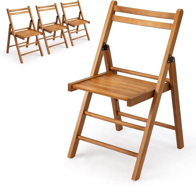 Photo 1 of VINGLI 4 Pack Wood Folding Chairs with Comfortable Curved Backs, Portable and Durable Wooden Folding Chairs for Indoor & Outdoor, Patio, Party, Dinning, Work, Capacity 300 lbs, Natural Wood, Set of 4