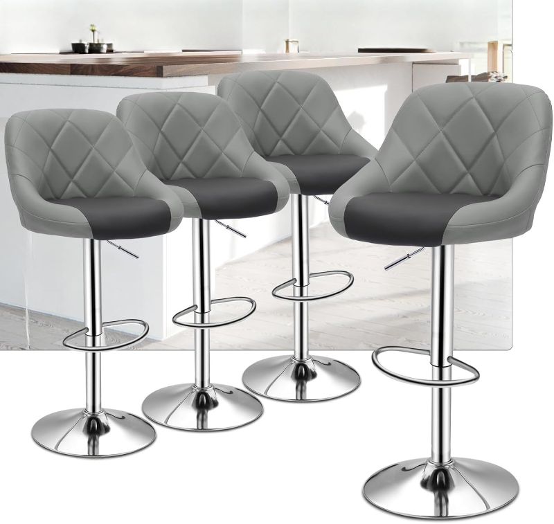 Photo 1 of Suitable for Set of 4 Adjustable Swivel Barstools, Modern PU Leather Kitchen Counter Bar Stools, 360° Swivel Armless Hydraulic Counter Stool, Metal Base Island Stool, Grey and Black
