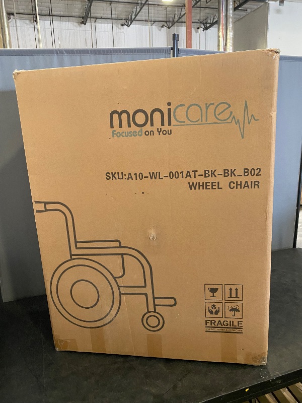 Photo 1 of monicare Folding Transport Wheelchair, Heavy-Duty Wheel Chair with Flip-Back Armrest and Swing-Away Footrest, 17 Inch Wide Seat Transport Chair for Adults Seniors, 300Lbs Capacity, Black