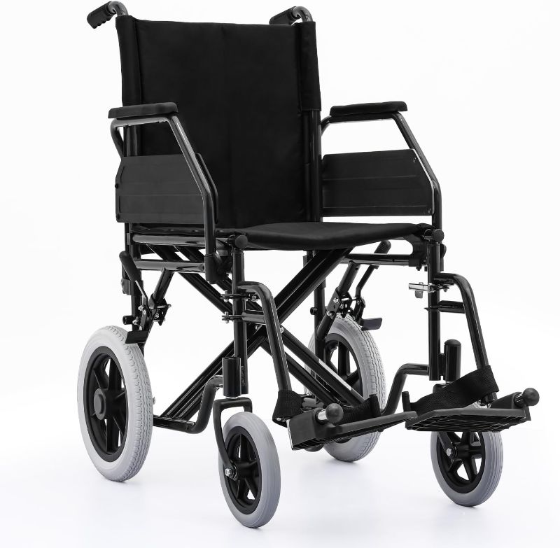 Photo 1 of monicare Folding Transport Wheelchair, Heavy-Duty Wheel Chair with Flip-Back Armrest and Swing-Away Footrest, 17 Inch Wide Seat Transport Chair for Adults Seniors, 300Lbs Capacity, Black