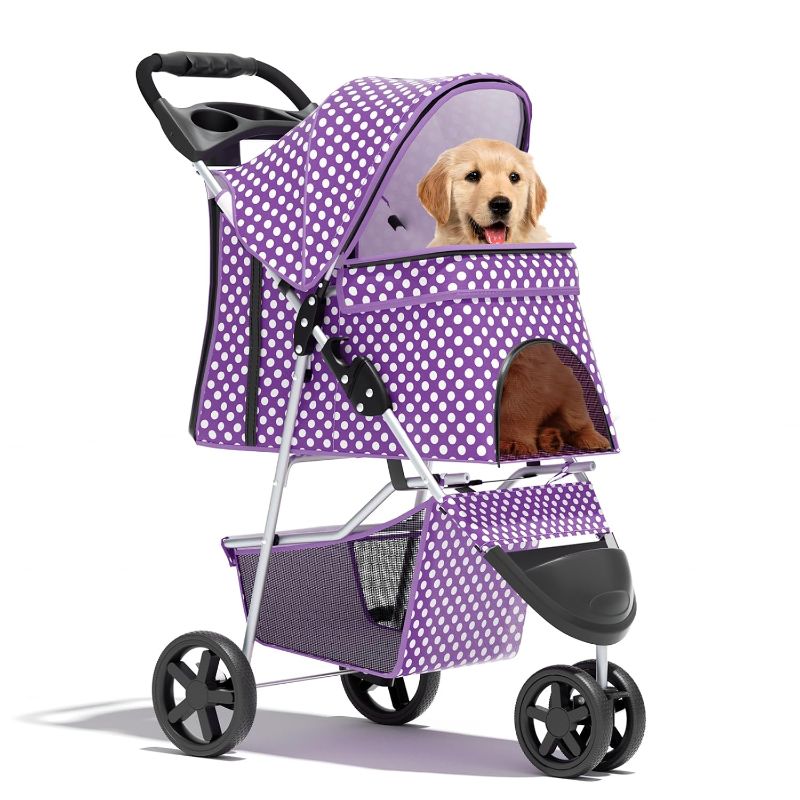 Photo 1 of Foldable 3-Wheel Pet Stroller for Dogs & Cats, Purple Polka Dots