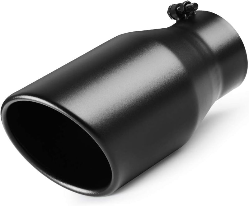 Photo 1 of 4 Inch Exhaust Tip, Universal 4'' Inlet 6" Outlet 12" Long Stainless Steel Bolt On Exhaust Tailpipe Black Muffler Tip for Truck