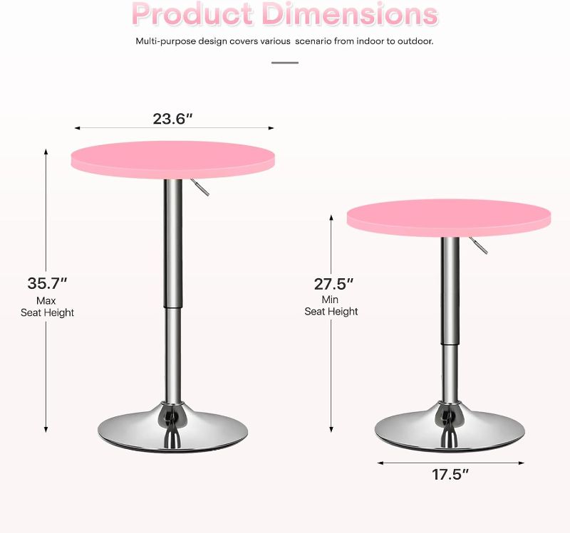 Photo 1 of Athena Collection Round Bar Table 27.5"- 36" Height Adjustable Bistro Pub Table, Bar Height Cocktail Table with Swivel Top Metal Base, Tall Table for Home Bar Party Event, Pink