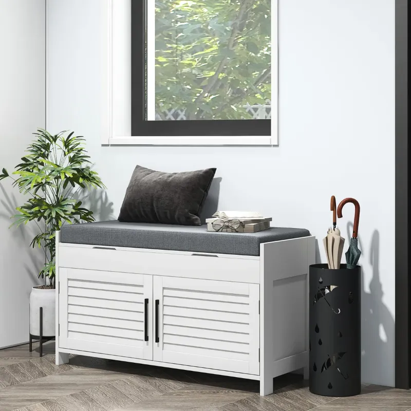 Photo 1 of White Entryway Shoe Rack, Bench With Hidden Storage, Cushioned Seat, Adjustable Shelves, Shutter Doors, 352 Lbs Max Bearing For Bedroom Rack Entryway, Weight Capacity