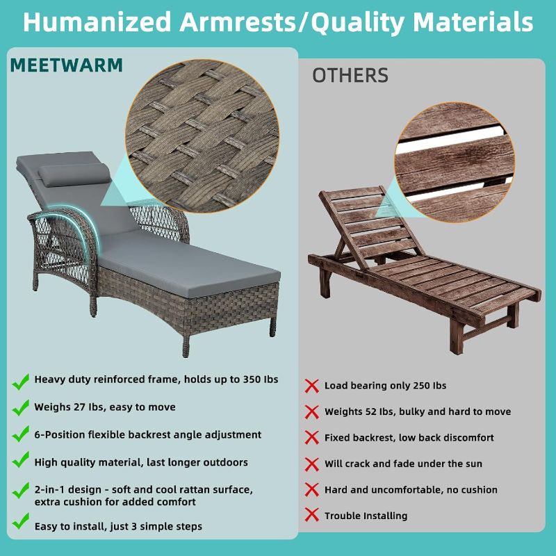 Photo 1 of 3 Piece Outdoor Wicker Chaise Lounge Chair, Reclining Sunbathing Chair with Cushion, Armrest & Headrest, Gray