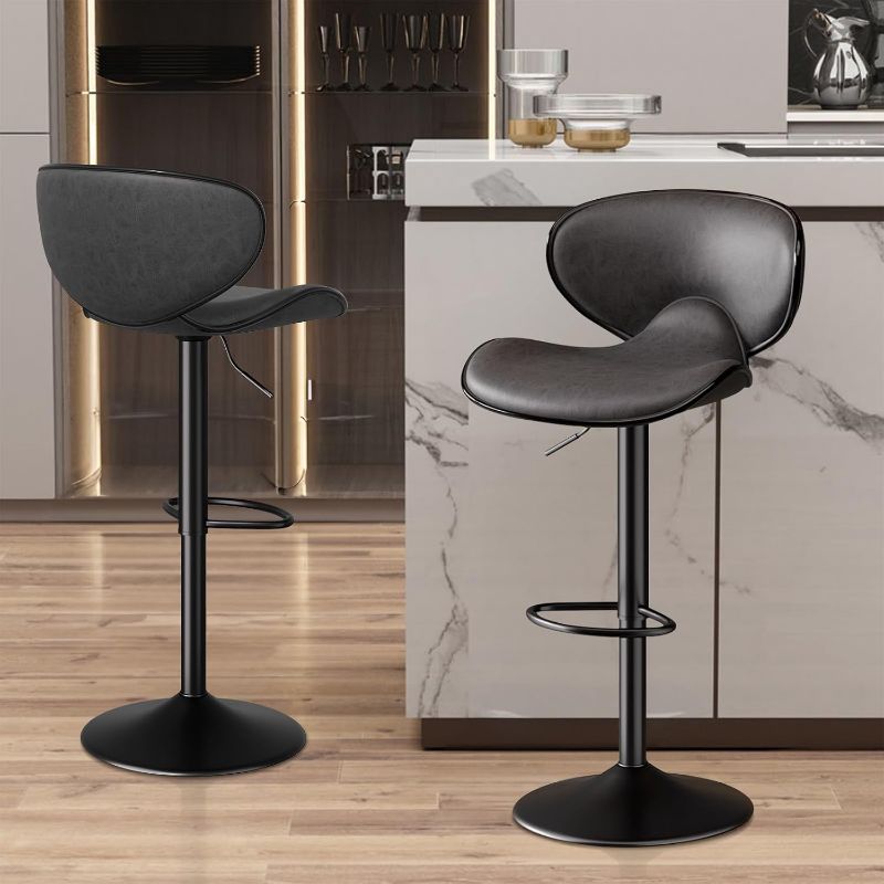 Photo 1 of Bar Stools Set of 2 for Kitchen Counter, Modern PU Leather Adjustable Swivel Barstools, Upholstered Bar Chairs with Back and Thickened Seat Cushion, Barstools for Bar, Dining Room, Black1