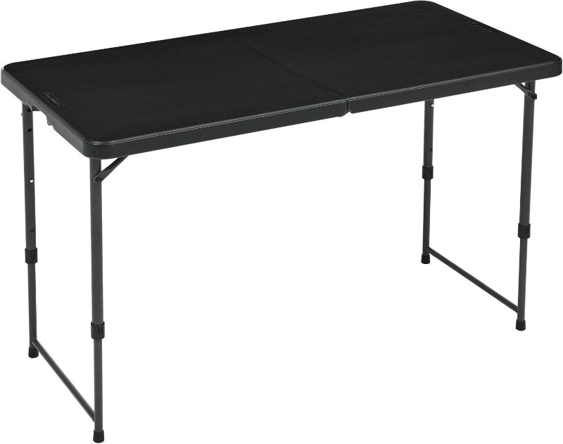 Photo 1 of Amazon Basics Portable 4 Ft Rectangular Folding Dining Table, 4 Adjustable Height Settings, Space Saving Fold-in-Half Design and Carrying Handle, Indoor & Outdoor, Washed Black