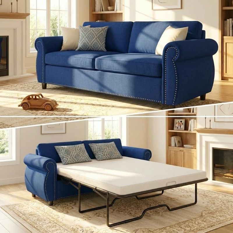 View 1 of BALUS Pull Out Sofa Bed, 2-in-1 Sleeper Sofas Convertible Couch Bed with Nailhead Armrests & Memory Foam Mattress, Linen Pullout Sofa Beds with Thickened Cushions for Living Room, Blue, Full Size