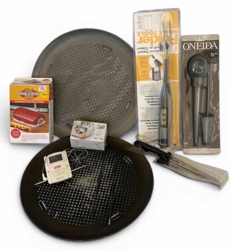 Photo 1 of GOODCOOK AIRPERFECT NONSTICK CARBON STEEL PIZZA PANS, ONEIDA COOKING TOOLS, MICROWAVE HOT DOG COOKER & ASSORTED KITCHENWARE