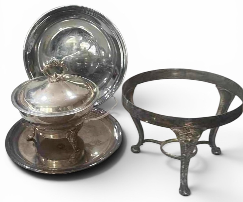 Photo 1 of VINTAGE SILVER-PLATED CHAFING DISH SET BY LEONARD SILVER INCLUDES A COVERED SERVING DISH, A HEAT-RESISTANT GLASS BOWL INSERT, A WARMING STAND, AND A SERVING TRAY.
