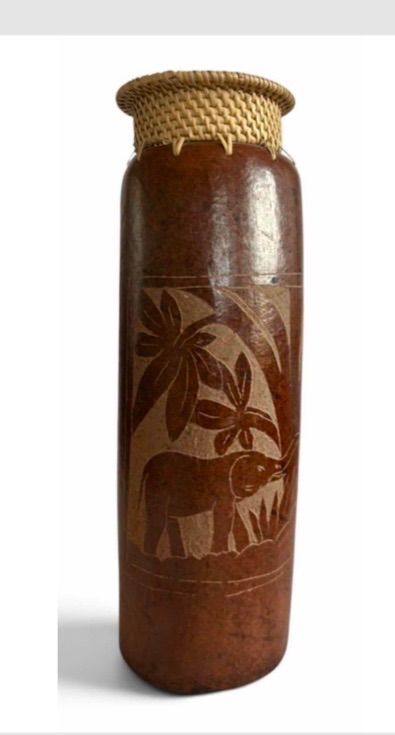 Photo 1 of HOME DECOR- VINTAGE INDONESIAN SASAK POTTERY LIDDED CANISTER, H6.5” , CANDLE WITH HOLDER, PIG POTTERY, ETCHED VASE & PAINTED VASE