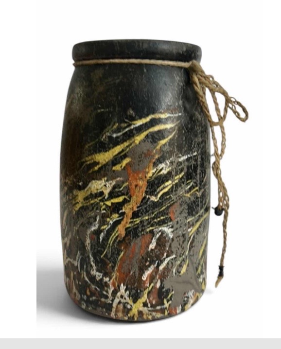 Photo 1 of HOME DECOR- VINTAGE INDONESIAN SASAK POTTERY LIDDED CANISTER, H6.5” , CANDLE WITH HOLDER, PIG POTTERY, ETCHED VASE & PAINTED VASE