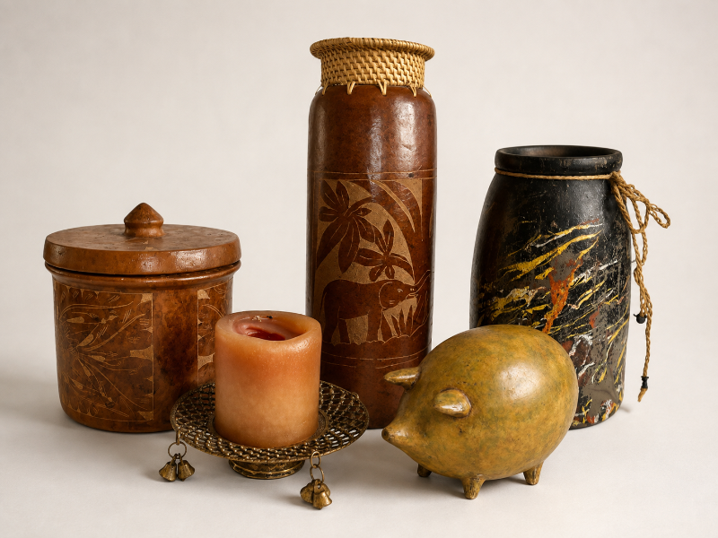 Photo 1 of HOME DECOR- VINTAGE INDONESIAN SASAK POTTERY LIDDED CANISTER, H6.5” , CANDLE WITH HOLDER, PIG POTTERY, ETCHED VASE & PAINTED VASE