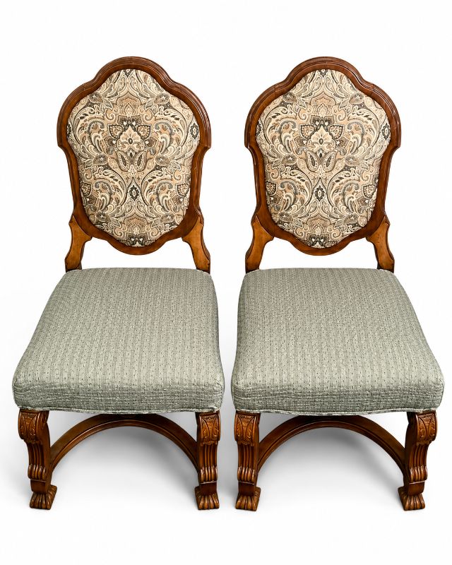Photo 1 of 2 MINTON SIDELL ANTIQUE DINING CHAIRS FEATURING CARVED WALNUT FRAMES AND TAPESTRY STYLE, PAISLEY FABRIC 20“ x 20“ x H44 1/4“ $1200- $1600